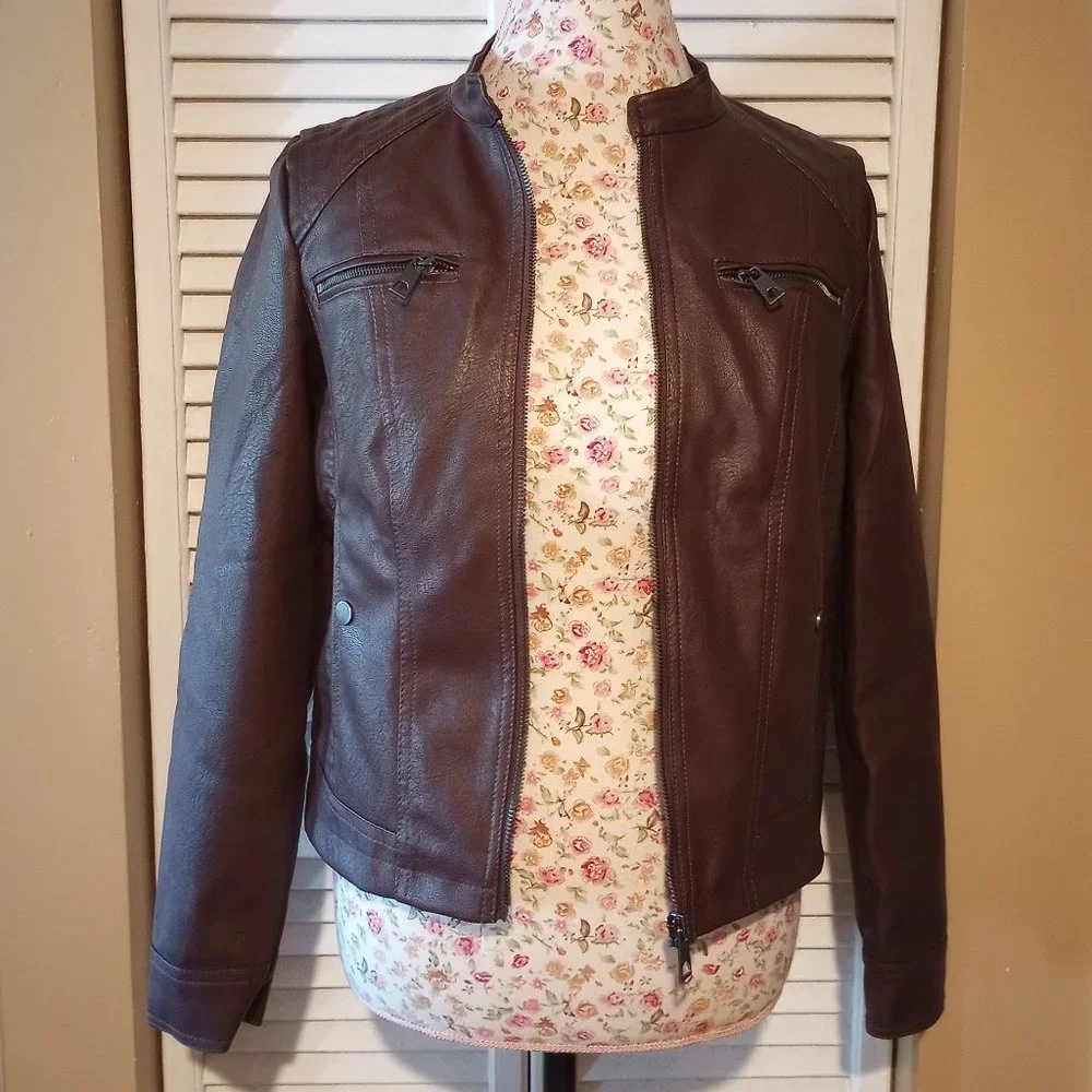 New with Tags Fahsyee Women's Zip-Up Faux Leather Jacket, Size M, Coffee Brown - Picture 1 of 13